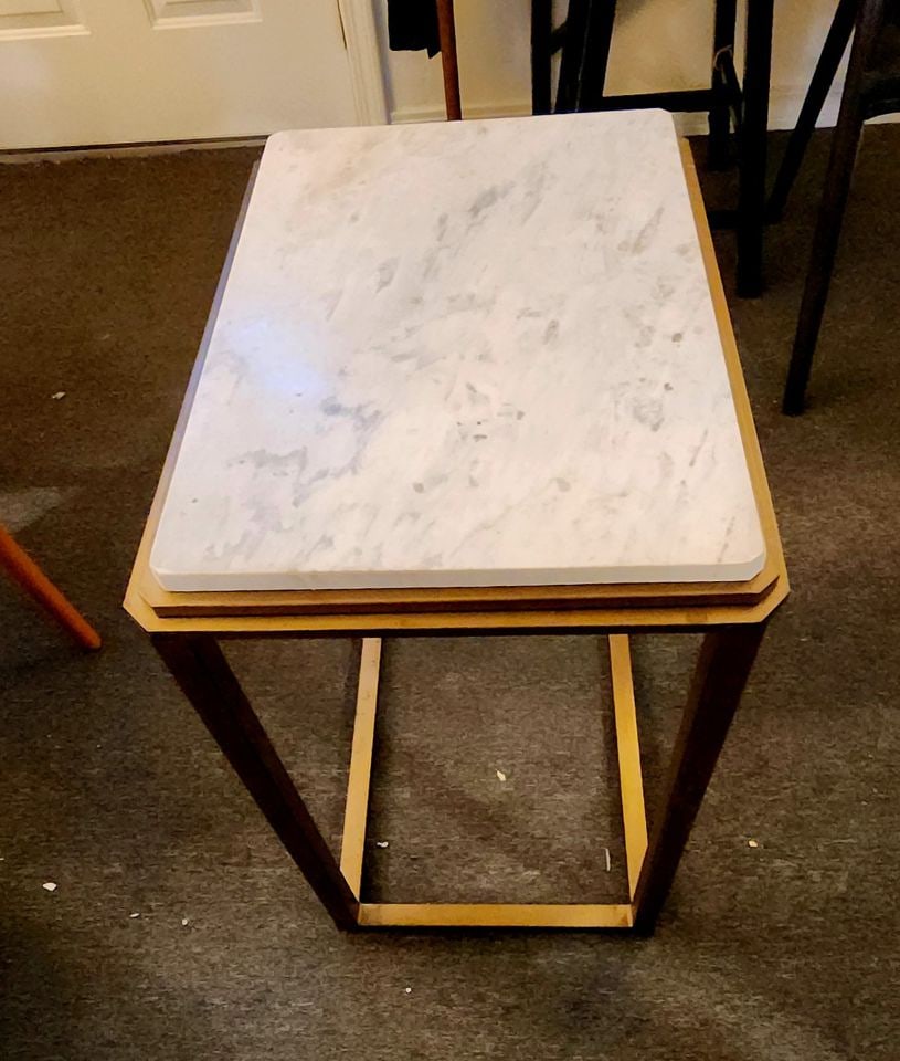 Vintage Deco-Style C-Shaped End Table w/ Set-In Marble Top & Bronze Finished Base. 20W x 14D x 21H - 3