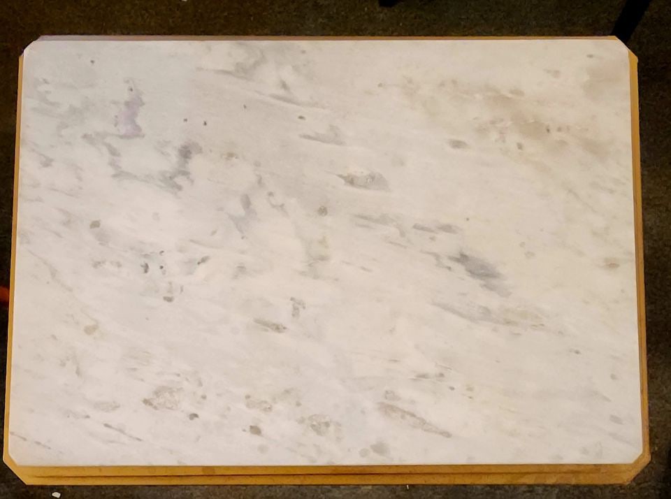 Vintage Deco-Style C-Shaped End Table w/ Set-In Marble Top & Bronze Finished Base. 20W x 14D x 21H - 7