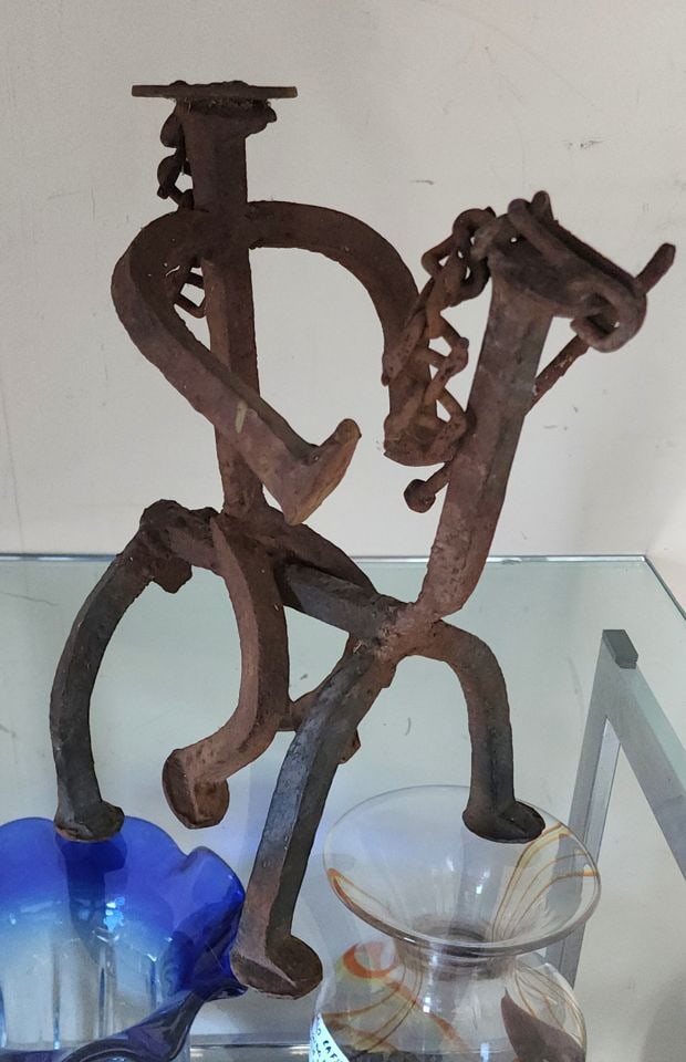 Mid-Century brutalist folk art iron sculpture from horseshoes depicting horse and rider. Circa '68 - 4