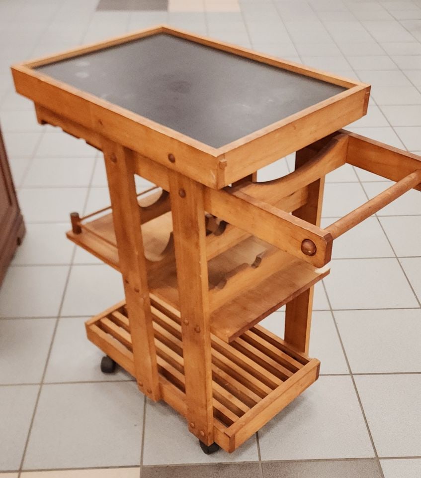 Fabulous Rare Vintage Mid-Century Modern Wooden Rolling Bar Cart w/ Wine Rack. Circa 60s. (1 of 7)
