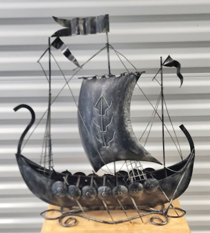 Vintage Intricate Metal Handcrafted Viking Longship Sculpture. 20W x 24H x 6W - 2