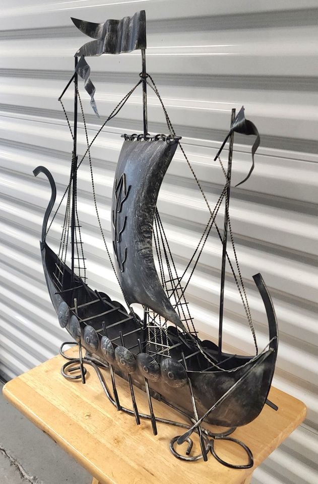 Vintage Intricate Metal Handcrafted Viking Longship Sculpture. 20W x 24H x 6W - 4