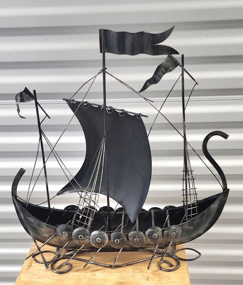 Vintage Intricate Metal Handcrafted Viking Longship Sculpture. 20W x 24H x 6W - 5