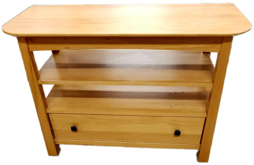 Vintage A.A. Laun Furniture solid Maple or Teak Mission-Style Console Table w/ 2 shelves and drawer. - 3