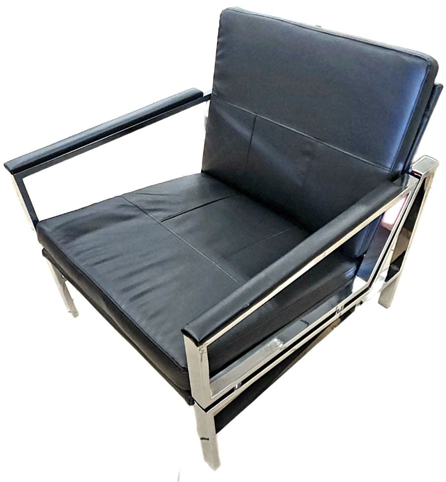 Hi-Design Mid-Century Modern Style Faux Leather & Chromed Steel Accent Side Chair. 29.5W x 32D x 33H: Stylish black leather designer chair with a sculptural chromed steel frame silhouette. Mid-century modern vibe. Extra large size provides very comfortable seating. In like new condition. Attributed