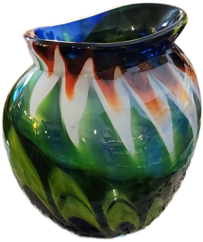 Heavy vintage Murano style art class vase w/ brilliantly colored abstract multi-imaged pattern. - 4