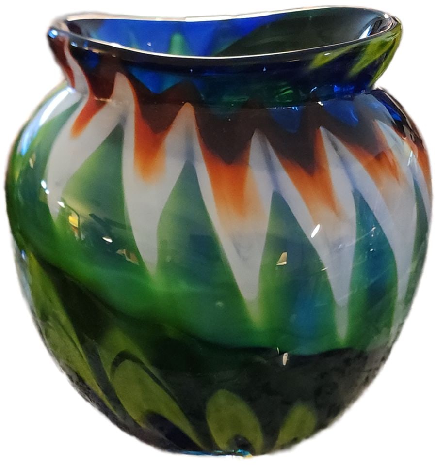 Heavy vintage Murano style art class vase w/ brilliantly colored abstract multi-imaged pattern. - 5