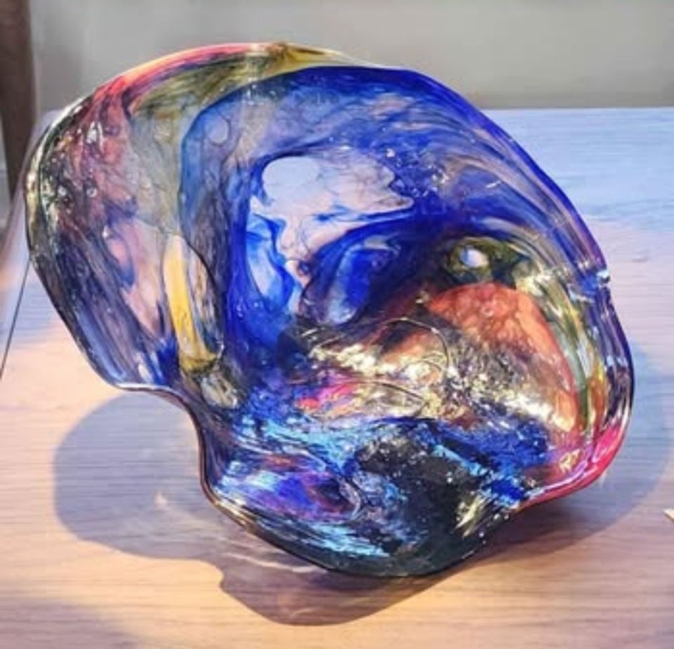 After Dale Chihuly, stunning art glass bowl 15x12 . Signed. Circa '08: Extraordinary brilliantly colored sculptural art glass bowl, Circa 2008 signature etched on bottom A collector-level piece.. the work is designed to sit in an offset manner. This work was not created