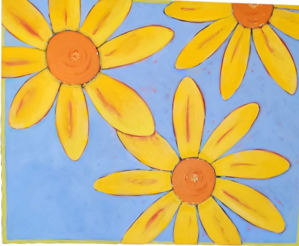 Zagarenski 60"x48" large 2000 impressionist oil painting w/ wonderful giant flowers & vibrant colors: This bold whimsical and joyful painting was created by Pamela Zagarenski, a recognized Connecticut artist and award-winning book illustrator... winner of two Caldecott Honors. The books she has