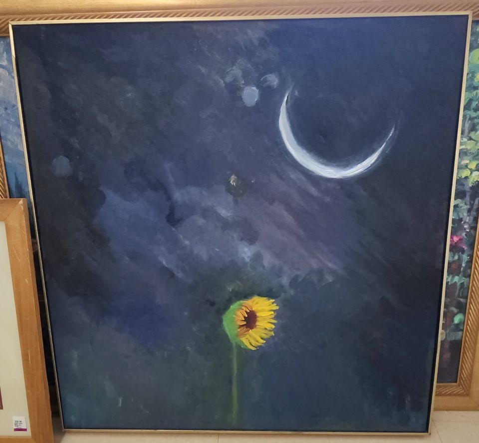 Powerful Vintage Surrealist 36x36 Original Oil Painting of Sunflower in the Wind on a Moonlit Night.: Large Original impressionist surreal oil painting with a single sunflower. Painting depicts a crescent moon and stars in a dark night sky. It is housed in gold-colored frame. Shipping: Domestic: