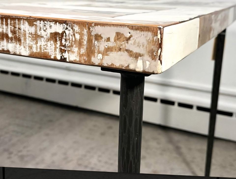 Unique 87"x 39" modern dining table w/ mosaic reclaimed wood lacquered top hand-crafted by Interlude - 4