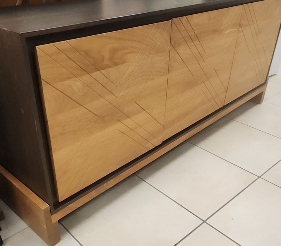 MCM Style 72W x 30H x 18 Lawson-Fenning Sideboard-Buffet. Walnut w/ 3 Oak Geometric Scribed Doors - 2