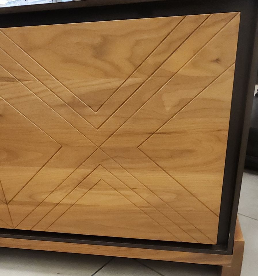 MCM Style 72W x 30H x 18 Lawson-Fenning Sideboard-Buffet. Walnut w/ 3 Oak Geometric Scribed Doors - 3
