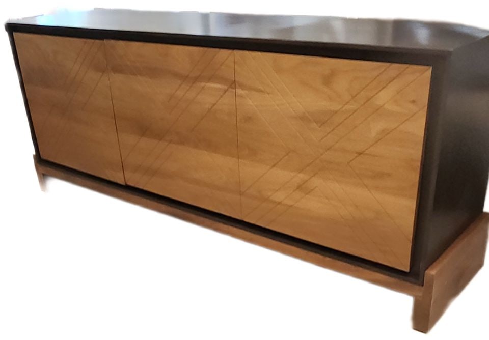 MCM Style 72W x 30H x 18 Lawson-Fenning Sideboard-Buffet. Walnut w/ 3 Oak Geometric Scribed Doors - 4