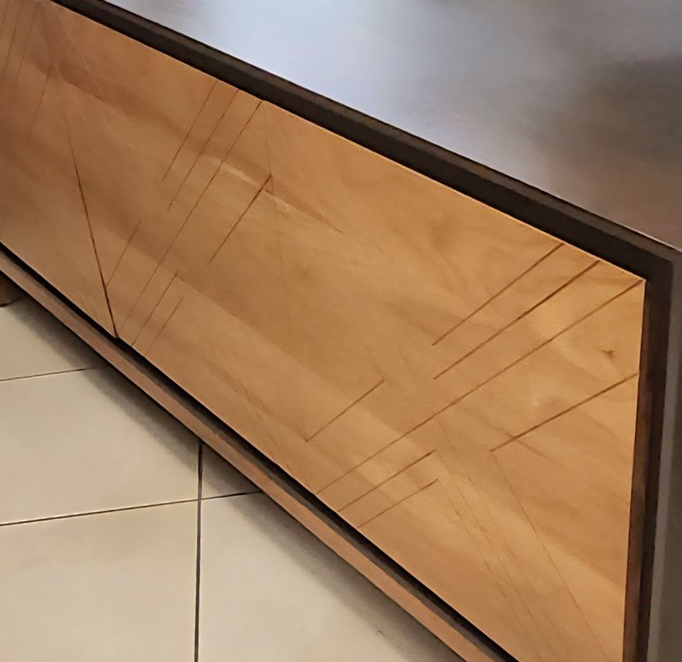 MCM Style 72W x 30H x 18 Lawson-Fenning Sideboard-Buffet. Walnut w/ 3 Oak Geometric Scribed Doors - 5