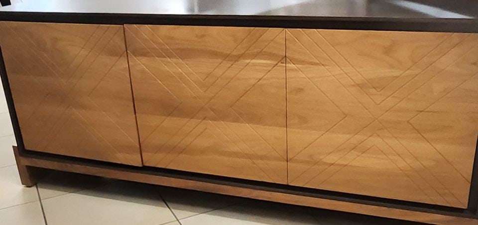 MCM Style 72W x 30H x 18 Lawson-Fenning Sideboard-Buffet. Walnut w/ 3 Oak Geometric Scribed Doors - 7
