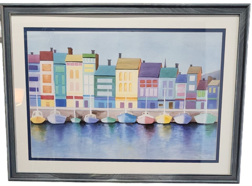 Elizabeth Horowitz Fine Art Print of "Harbor in Harmony" Seaside Cityscape w/ vibrant colors . 30x24: The piece depicts a row of colorful, multi-story buildings lined up along a waterfront with several sailboats docked in front, reflecting a style Horowitz calls "Neuroabstraction"—a blend of