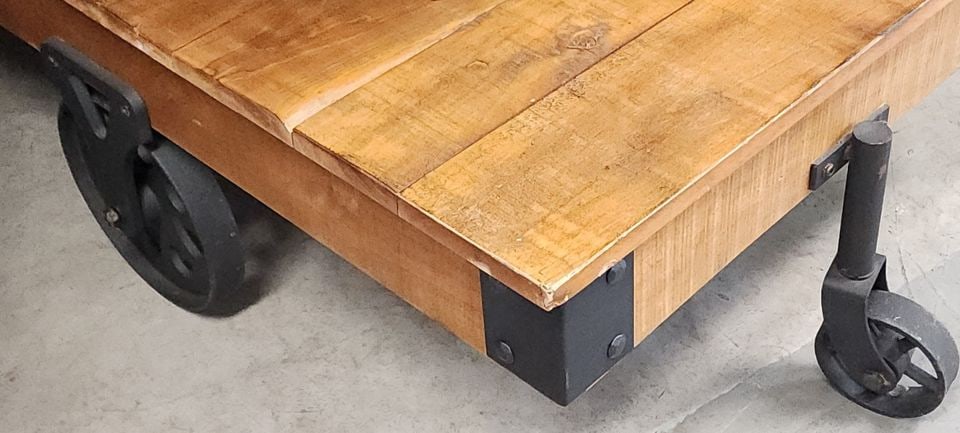 Large Industrial Factory Cart Coffee Table w/ Planked Wood & Cast Iron Wheels - 2