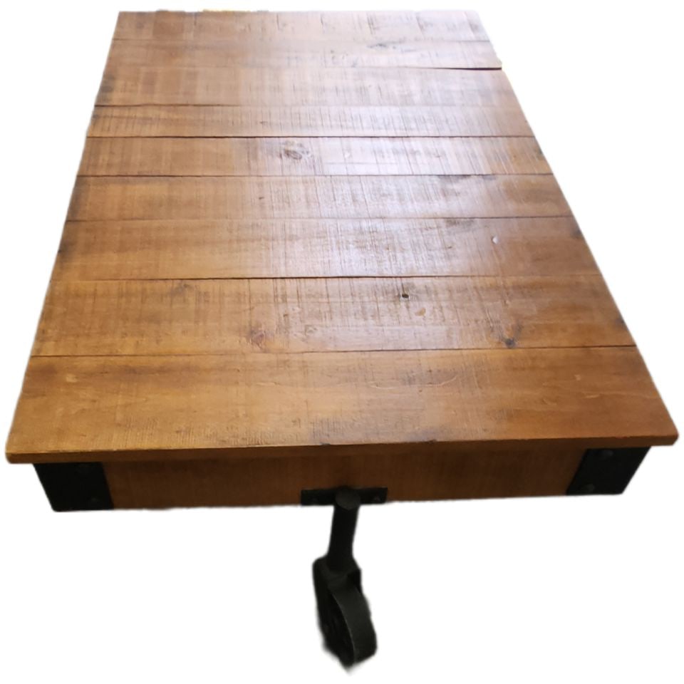 Large Industrial Factory Cart Coffee Table w/ Planked Wood & Cast Iron Wheels - 3