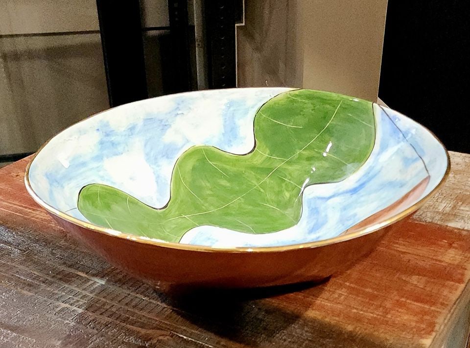 Mid-Century Hand-Painted Ceramic Art Bowl w/ organic abstract design. 15" Diameter. Signed, 1968. - 2