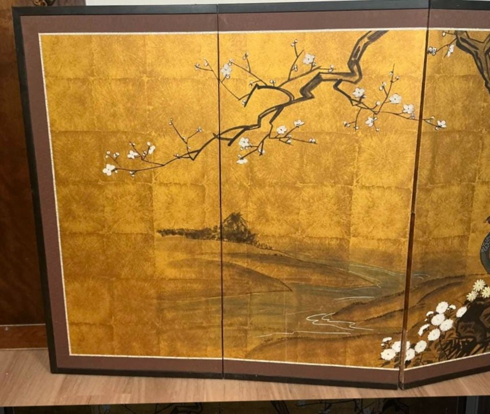 By_bu iconic collectible vintage Japanese 4-panel hand-painted folding screen. 36h x 17.5w per panel - 3