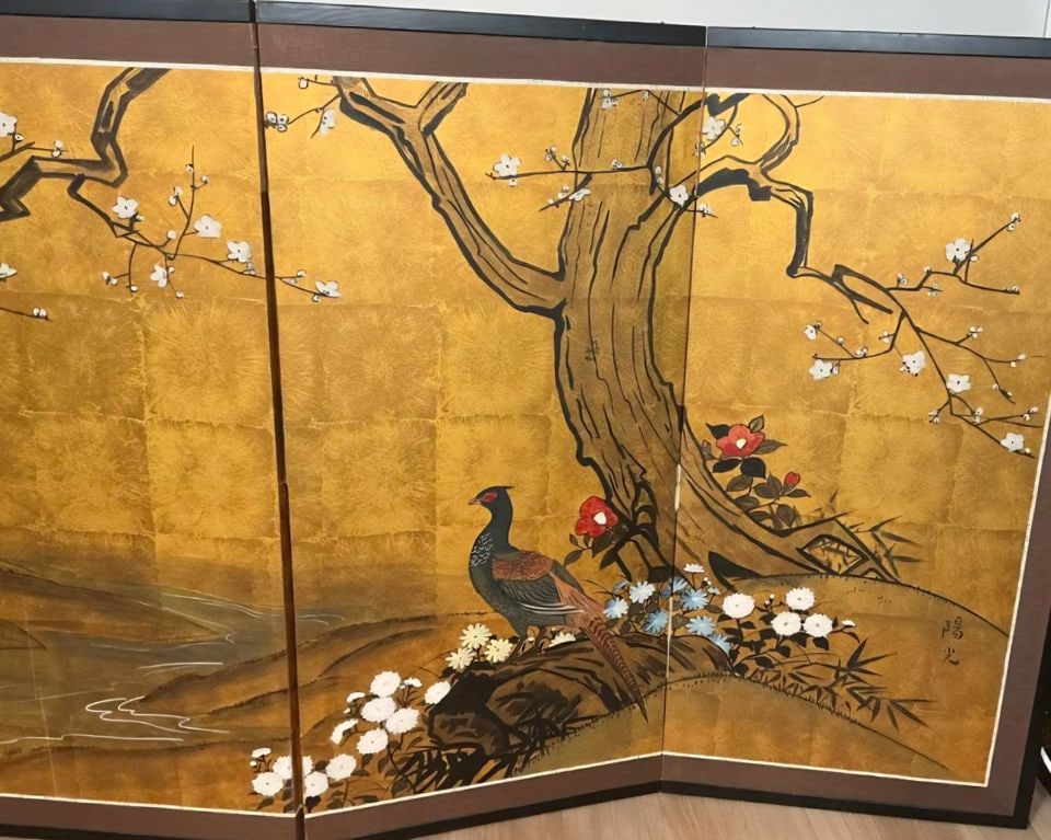 By_bu iconic collectible vintage Japanese 4-panel hand-painted folding screen. 36h x 17.5w per panel - 4