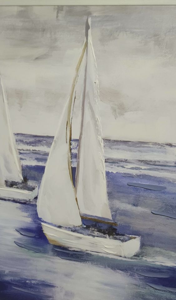 Impressionist 30 x 30" impasto-style oil painting on canvas featuring sailboats on the water. - 2