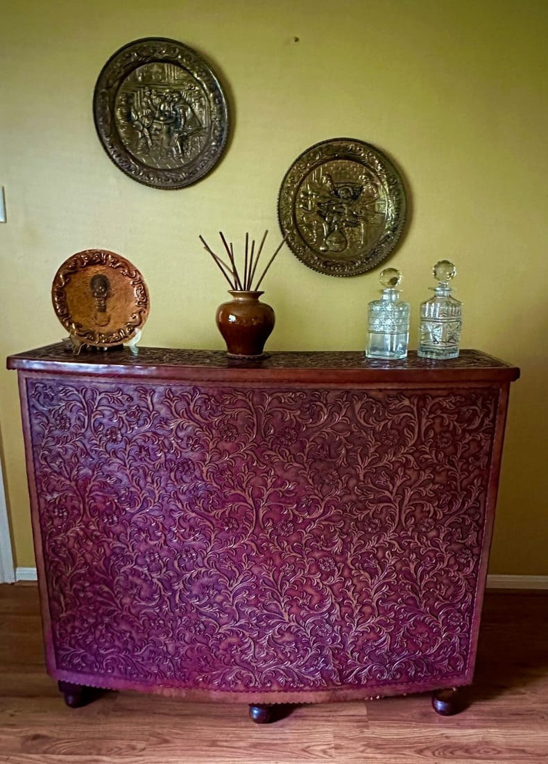 Hand-Tooled Leather Front Bar Cabinet / Console - 2