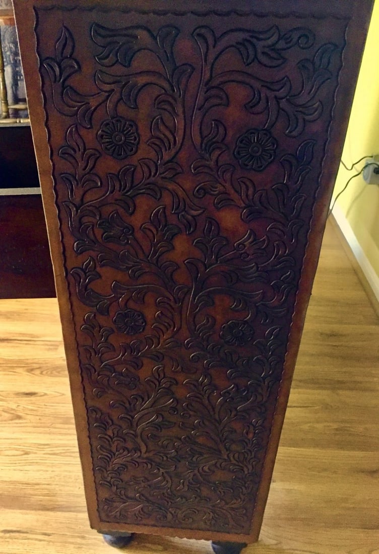 Hand-Tooled Leather Front Bar Cabinet / Console - 3