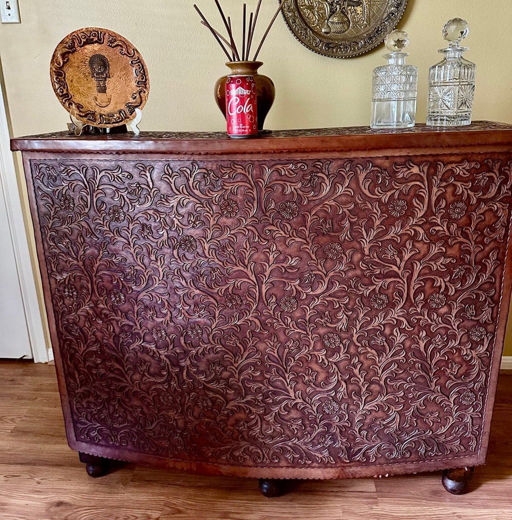 Hand-Tooled Leather Front Bar Cabinet / Console - 9