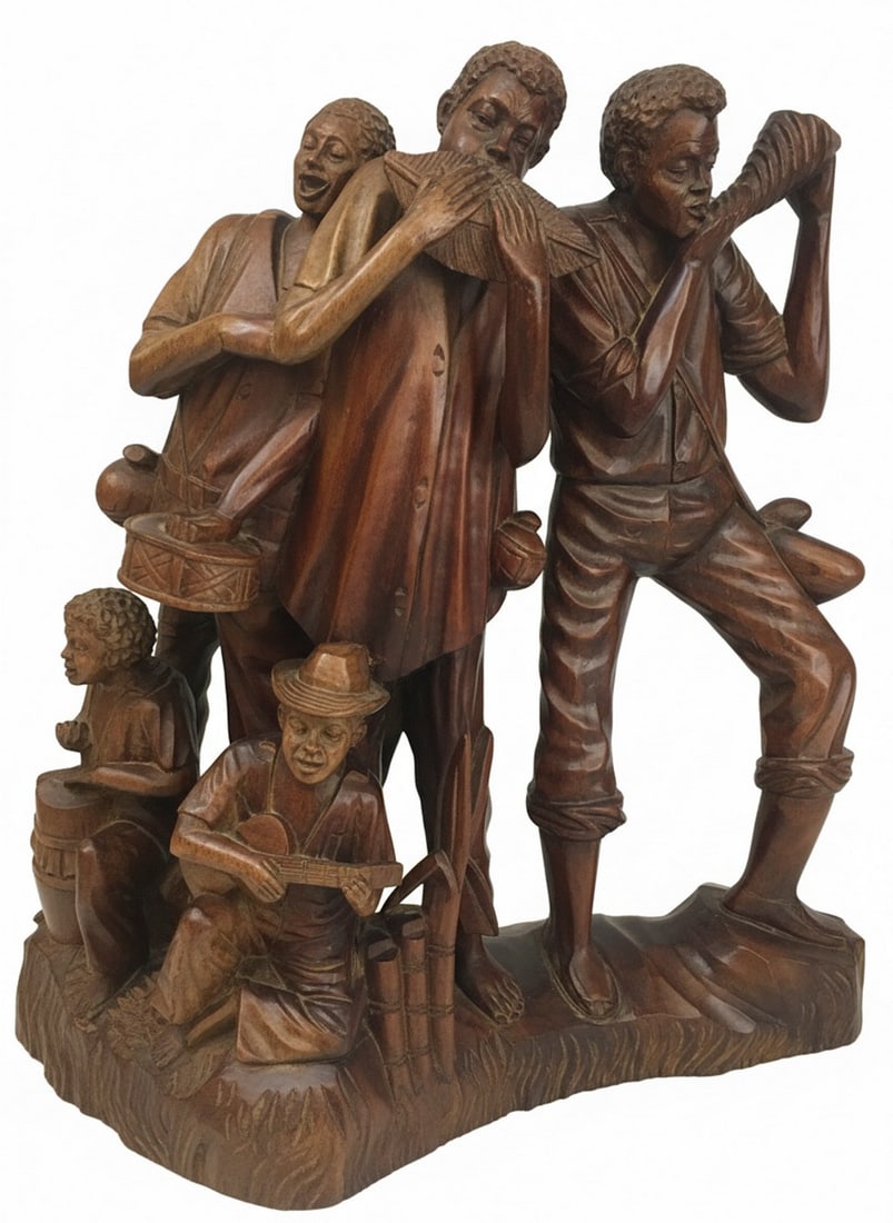 Wooden Hand Carving of Village Musicians- BANDA DE CHOTA- Ecuador: A substantial and intricately hand-carved hardwood sculpture depicting a group of musicians. The piece features three standing figures and two seated figures, each playing a different instrument,