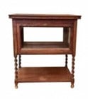 Antique Oak Tea Dessert Liquor Cabinet with Serving Tray- England: An antique Arts & Crafts period oak tea cart or drinks trolley, featuring a rich, dark oak finish, two tiers for serving, and striking barley twist legs. The top tier is a removable tray with glass ov