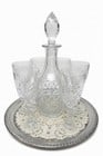 Edinburgh Crystal Ships Decanter with 6 Glasses on Irvinware Silver-Plated Tray: An exquisite set featuring an Edinburgh Crystal decanter with six matching glasses, beautifully presented on a silver-plated Irvinware tray. The crystal pieces showcase a meticulously cut diamond and