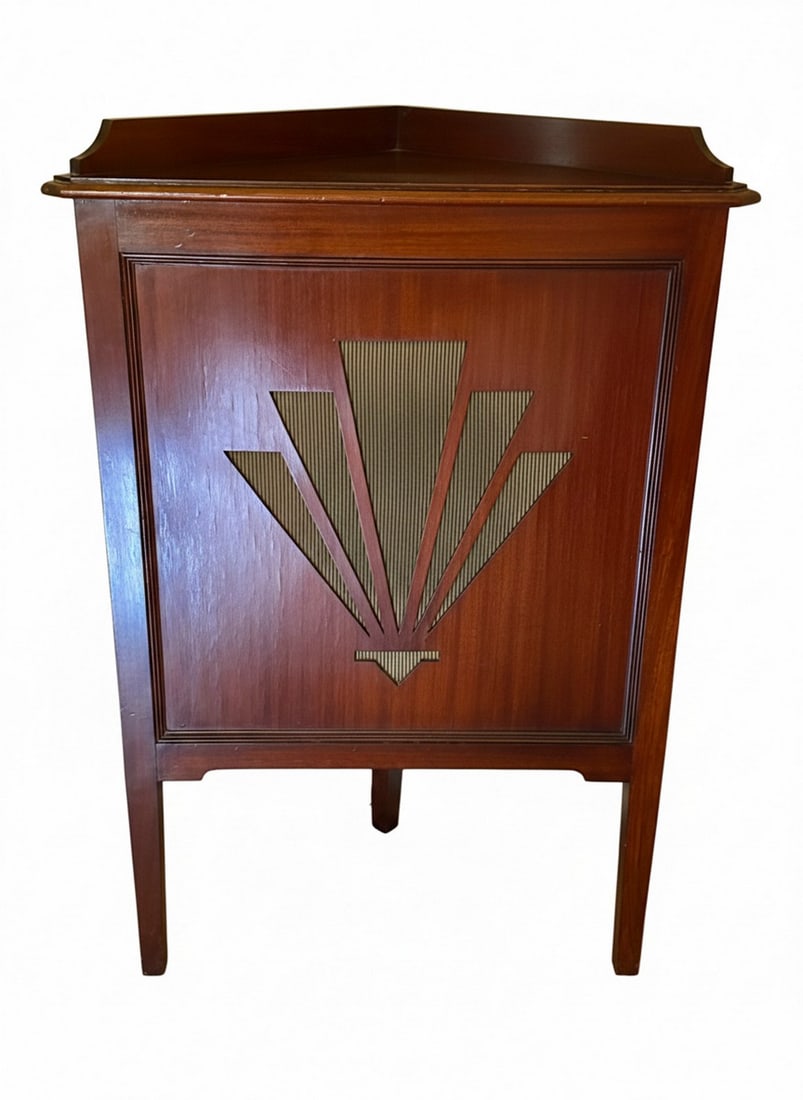 Antique SHIPLEY & SALTAIRE Mahogany Corner Speaker- works perfectly: An Art Deco style corner cabinet by H. Sayner, Shipley & Saltaire. The cabinet features a rich, dark wood finish with a distinctive radiating fan motif on the front panel, likely covering a speaker.