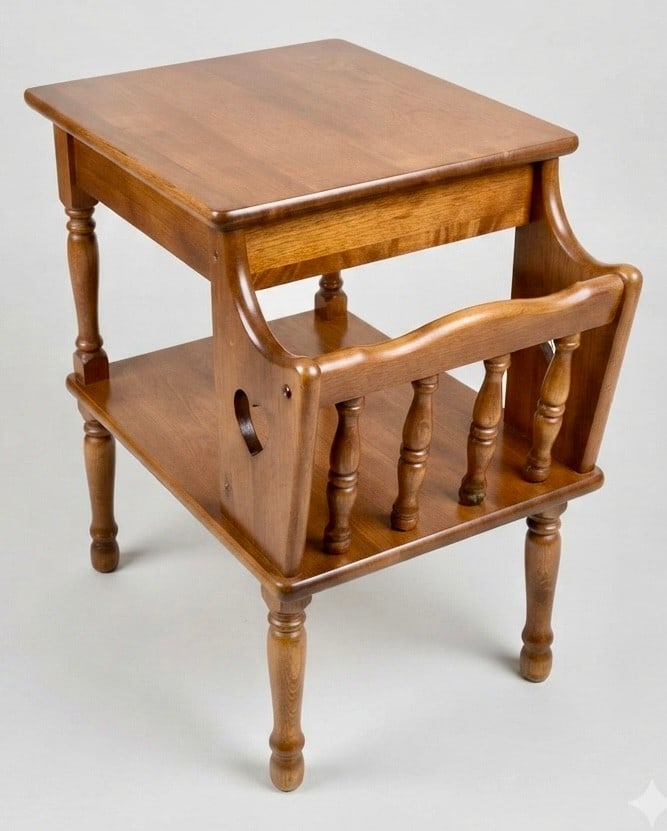 Set of 2 Ethan Allen American Traditional Solid Maple and/or Birch Side Table with Magazine Rack: A charming Ethan Allen side table from the American Traditional collection, crafted from solid maple and/or birch. This two-tier accent table features turned legs, a lower shelf for display or storage