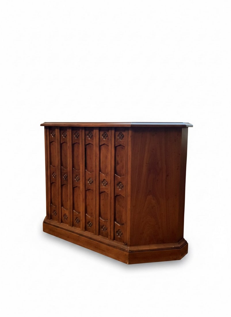 Drexel Heritage "Esperanto" Sideboard / Cabinet with Carved Details: A vintage wooden sideboard or cabinet from the Drexel Heritage "Esperanto" collection, featuring intricate carved details on the doors and a decorative etched design on the top surface. The cabinet