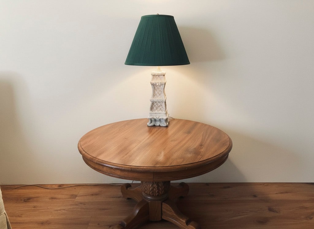 Pedestal Accent Table and Carved Lamp: A light-toned wooden pedestal accent table, oak, featuring a carved base. Paired with a white carved lamp with a pleated green shade, providing ambient light. Ideal for a traditional or classic