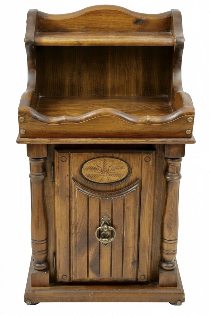 Vintage Carved Wood Two-Tier Wsahstand or Nightstand: This charming vintage cabinet features a rich, dark wood with a warm, aged patina. It is designed with two tiers, the upper tier having a scalloped back panel and sides, creating a decorative and