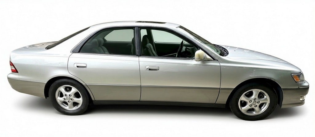 2000-2001 Lexus ES 300 Sedan with Low Mileage: A 2000-2001 Lexus ES 300 sedan in good condition, featuring a silver exterior, gray leather interior, sunroof, and wood grain trim. The odometer reads 80,596 miles. The vehicle has seating for 5