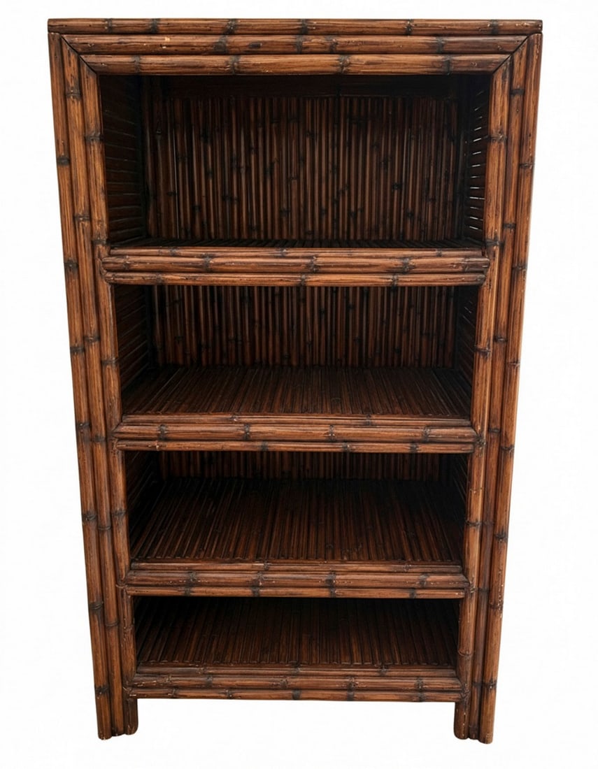 Vintage Rattan and Bamboo Open Etagere Bookshelf: A vintage open etagere bookshelf crafted from rattan and bamboo. The piece features four shelves, with a frame constructed from thicker bamboo poles and the shelves and back panel made from closely