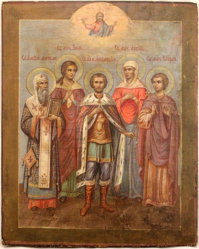 Selection of patron saints: Selection of patron saints Saint Alexiy, Saint Zoya, Saint the Grand Duke Alexander Nevskiy, Saint Lucy, Saint Paul. Large russian wooden icon. Dimensions: 39 x 48.5 cm Century 19 Reserve: $1,000 Ship