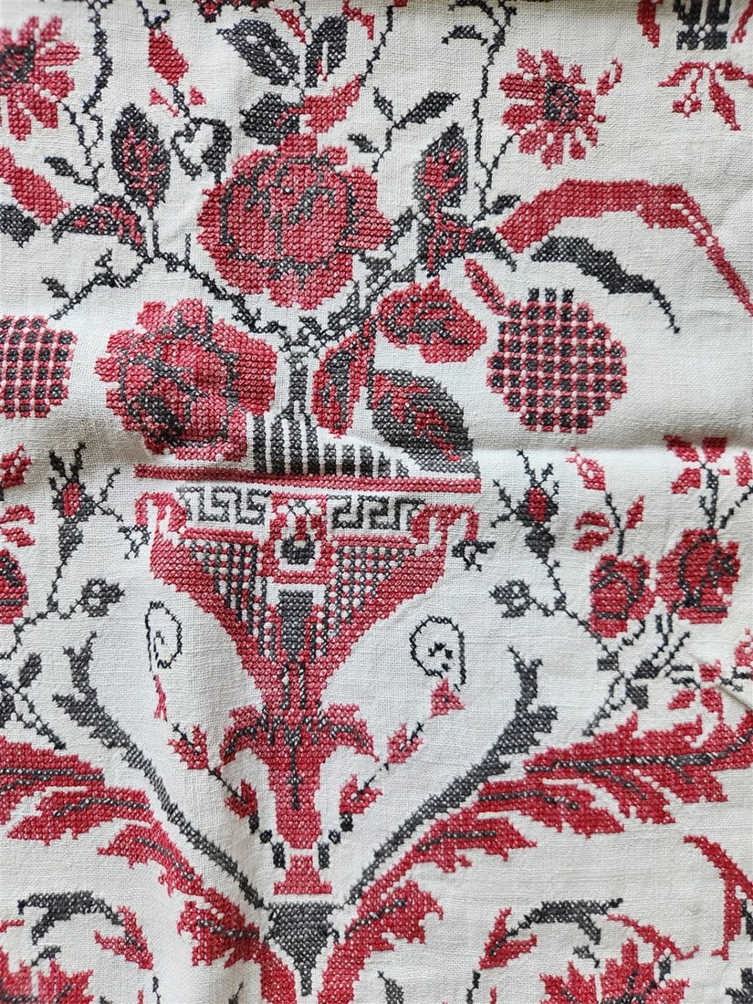 VINTAGE RUSSIAN or UKRAINIAN EMBROIDERED LINEN RUSHNIK or TABLE RUNNER signed - 3