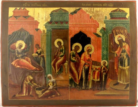 Many panels icon: Large Russian wooden icon Presentation of Mary into the Temple and Nativity of Mary. Dimensions 55.5 x 43 cm Century 19 Reserve: $7,500 Shipping: Domestic: Flat-rate of 50 to anywhere within the