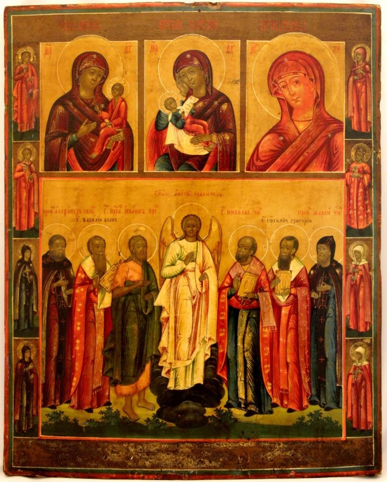 Many panels icon: Many panels icon with three images of Our Lady and patron Saints. Large Russian Wooden Icon Dimensions 32.5 x 41 cm Century 19 Reserve: $1,500 Shipping: Domestic: Flat-rate of 50 t