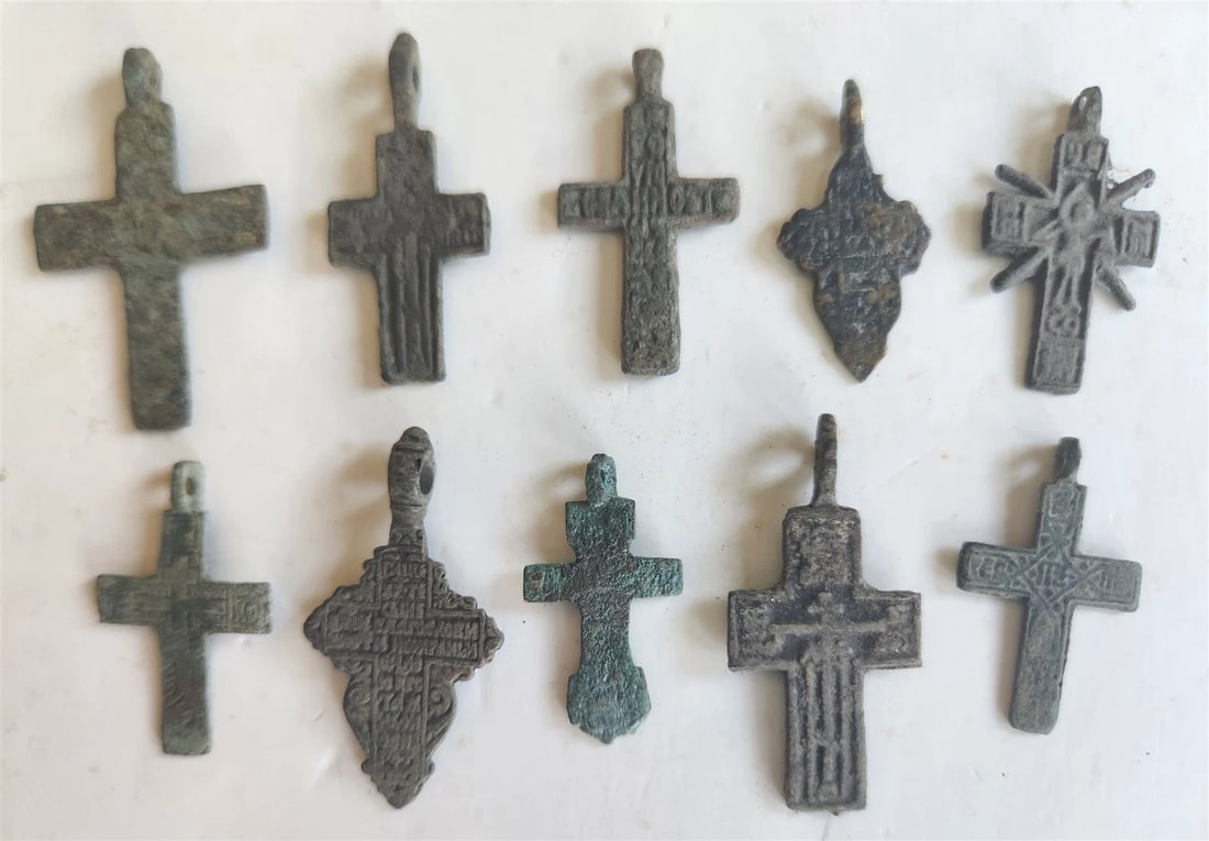 RUSSIAN orthodox icon NECK CROSSES LOT of 10 antique 18th - 19th century - 2