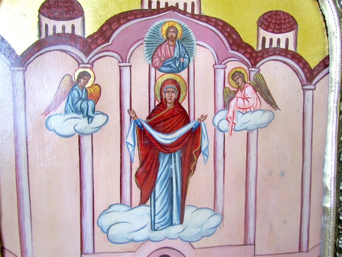 GREEK ORTHODOX SILVER BASMA ICON THEOTOKOS INTERCESSION marked 950 HAND PAINTED - 3