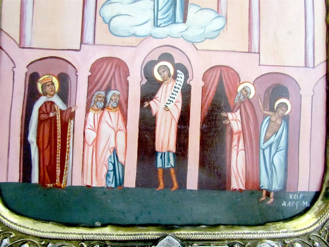 GREEK ORTHODOX SILVER BASMA ICON THEOTOKOS INTERCESSION marked 950 HAND PAINTED - 4