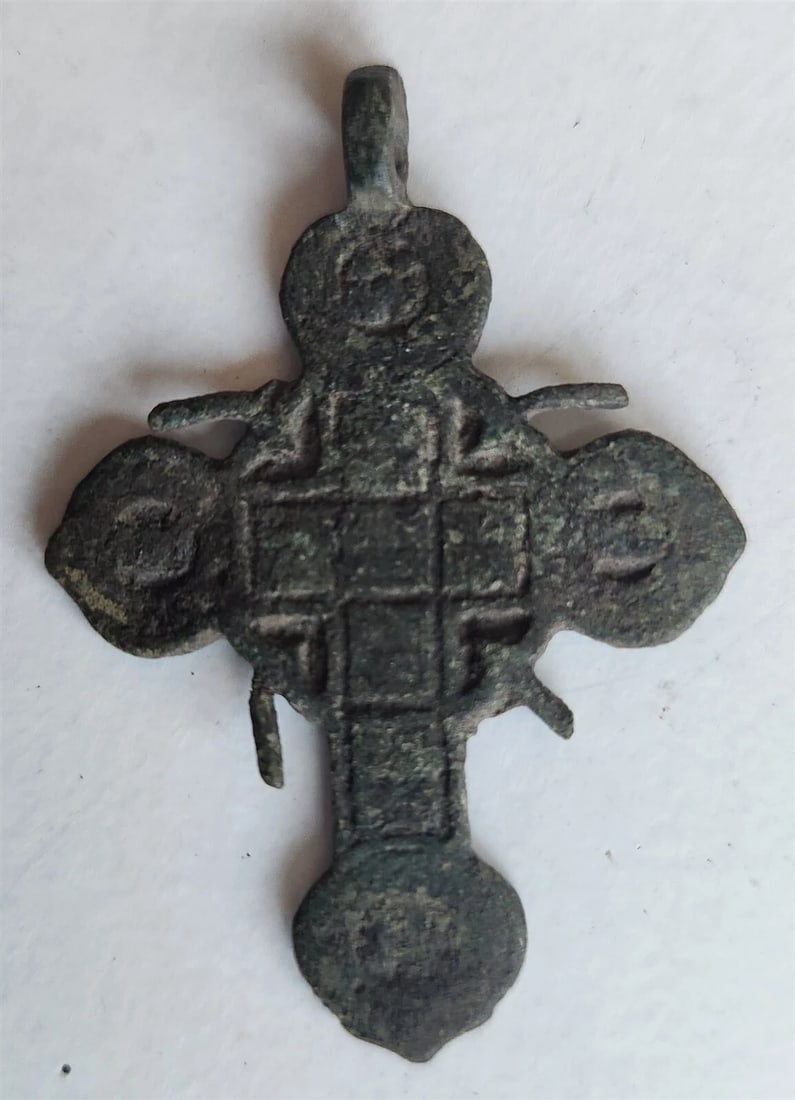 RUSSIAN BRONZE 19th CENTURY antique NECK CROSS icon NICE DESIGN - 2