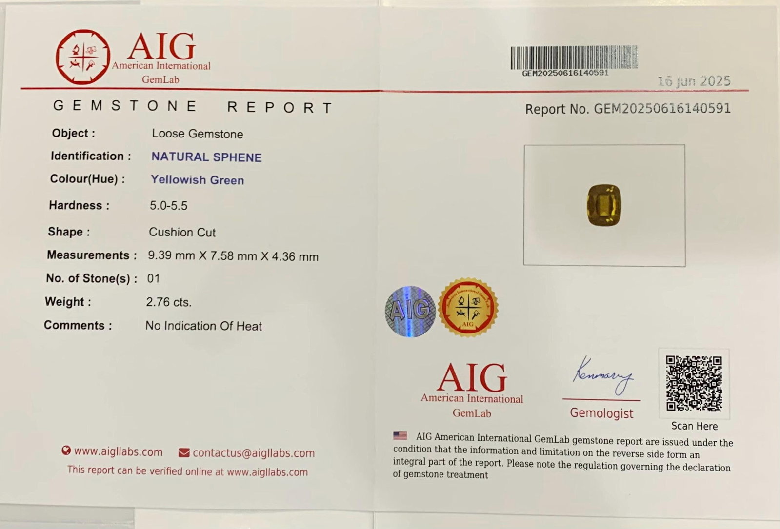 AIG Certified Lustrous Sphene Gemstone: Yellow/Green Cushion Cut, 2.76 Carat: Highlights Supplies for making crafts Materials: Gemstone: Sphene Natural Sphene Titanite Gemstone, Full Fire Lustrous Yellow/Green Sphene Weight : 2.76 cts Dimensions : 9.390 * 7.580 * 4.360 MM Color