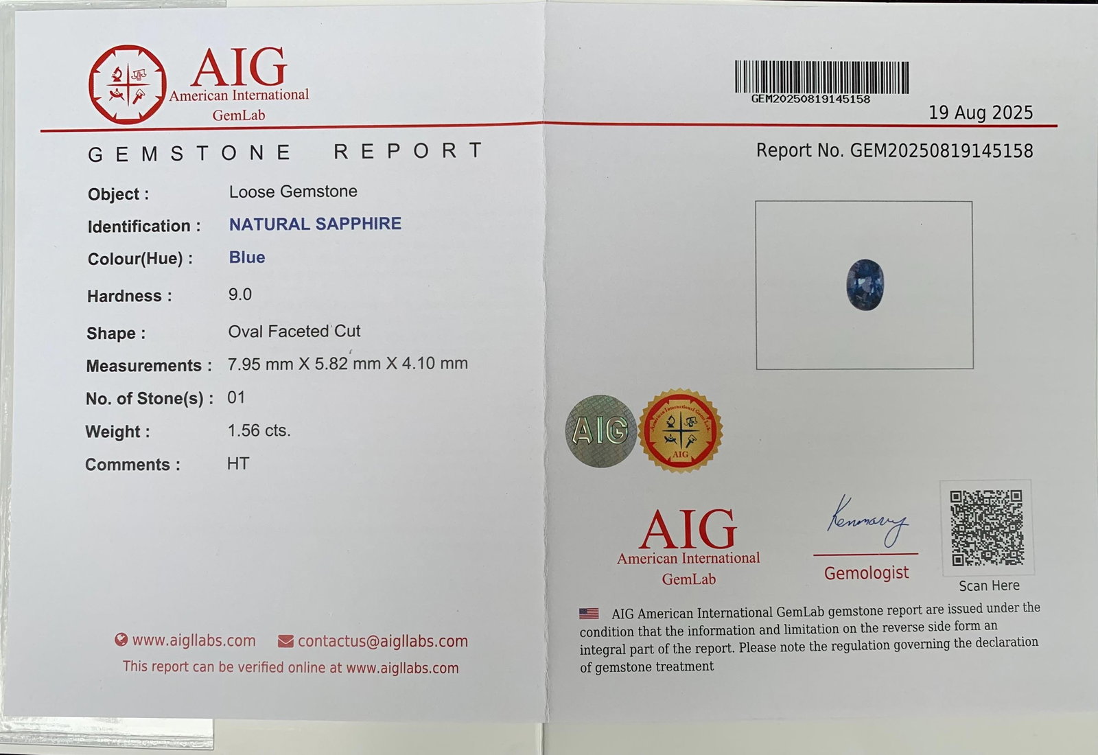 AIG Certified Faceted Blue Sapphire: 1.56 Carat Oval Cut Gemstone: Highlights Supplies for making crafts Materials: Gemstone: Sapphire AIG Certified Natural Sapphire Faceted Loose Blue Color Sapphire Oval Cut For Jewellery Making September Birthstone Weight: 1.56 car